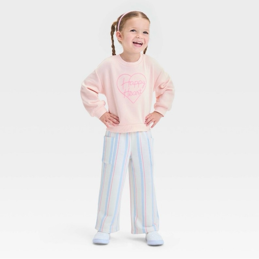 NEW Cat & Jack Toddler Girls “Happy Heart" French Terry  Striped Pants Set